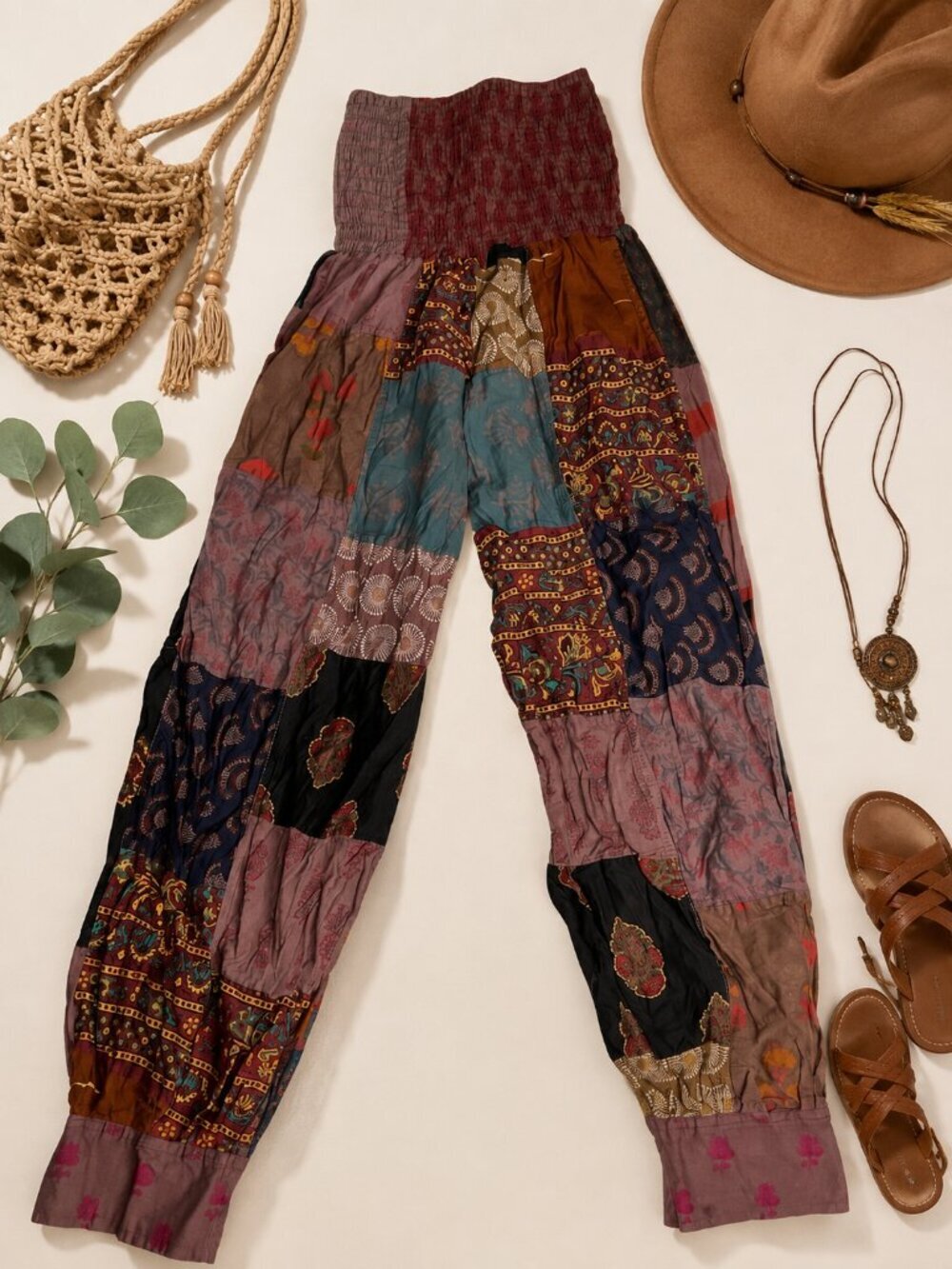 Boho Patchwork Harem Pants 100% Cotton India Smocked Waist Festival Hippie OS